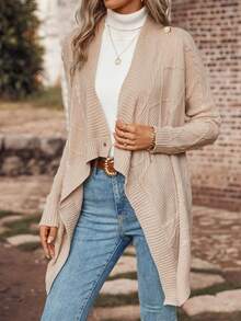 SHEIN LUNE 垂墜領鈕扣細節裹身開衫 - 卡其色 - 查看 3