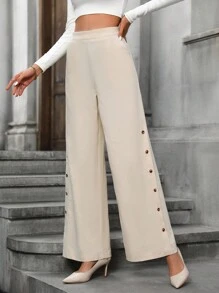SHEIN LUNE High Waist Button Detail Wide Leg Pants - Apricot - View 5