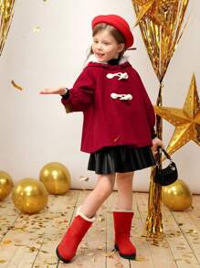 SHEIN 女小童毛茸邊連帽粗呢大衣適用於聖誕 - 酒紅色 - 查看 3