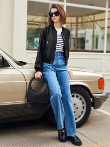 BizChic Zip Up PU Leather Bomber Jacket - Black - View 4