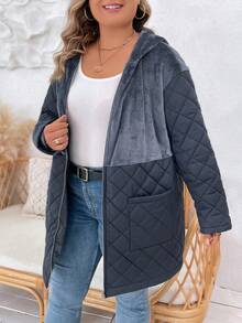 SHEIN LUNE 大碼雙口袋落肩袖連帽絎縫外套 - 灰色 - 查看 5