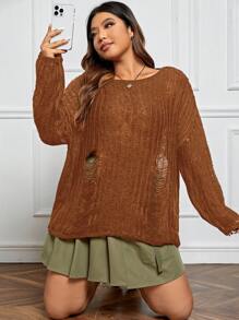 SHEIN EZwear Plus Ripped Drop Shoulder Sweater - Brown - View 4