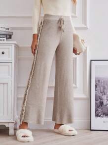 GENKIRA 流蘇邊腰部抽繩毛邊緣喇叭針織長褲 - 杏色 - 查看 1