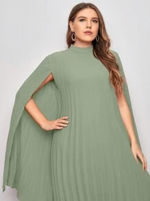 SHEIN Belle Plus Solid Pleated Cape Sleeve Dress - Mint Green - View 3
