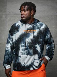 GENTILAND Loose Fit Plus Size Men Tie Dye Letter Graphic Kangaroo Pocket Drawstring Hoodie - Multicolor - View 1