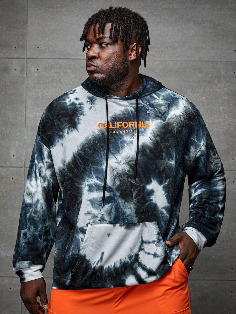GENTILAND Loose Fit Plus Size Men Tie Dye Letter Graphic Kangaroo Pocket Drawstring Hoodie - Multicolor - View 1