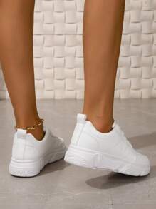 女性休閒平底滑板鞋,防滑&時尚透氣運動鞋,厚底 - 白色 - 查看 2