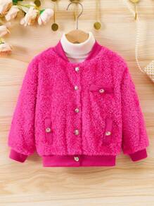 SHEIN Young Girl 1pc Button Detail Teddy Bomber Jacket - Hot Pink - View 1