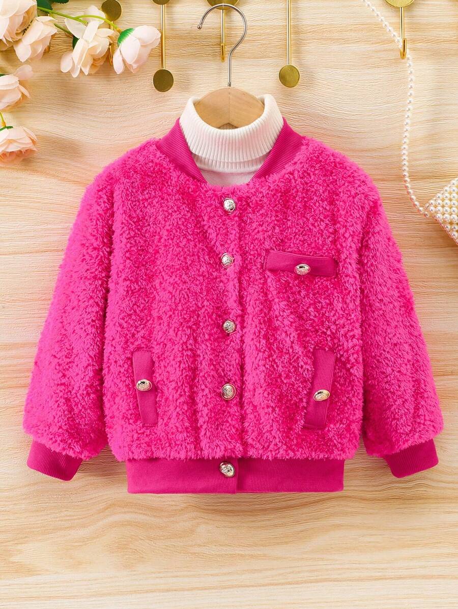 SHEIN Young Girl 1pc Button Detail Teddy Bomber Jacket - Hot Pink - View 1