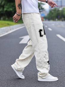 Manfinity EMRG 寬鬆男星字母印花直筒牛仔褲 - 杏色 - 查看 5