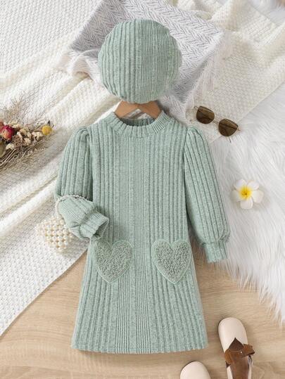 SHEIN Elladie kids 女小童愛心貼布衛衣洋裝和帽