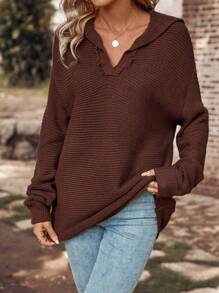 SHEIN LUNE 素色落肩袖套頭毛衣 - 咖啡棕 - 查看 1