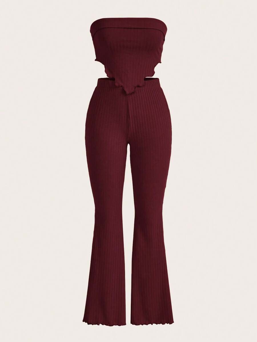 SHEIN EZwear Lettuce Trim Tube Top & Flare Leg Pants - Burgundy - View 1