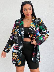 SHEIN EZwear Plus Graffiti Print Single Button Blazer - Multicolor - View 3