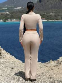 SHEIN SXY 翻領短款西裝外套和喇叭褲 - 卡其色 - 查看 2