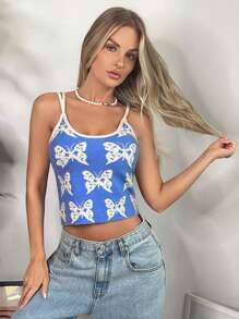SHEIN EZwear Butterfly Pattern Cami Knit Top - Blue - View 4