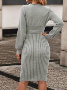 SHEIN Clasi Solid Belted Ribbed Knit Sweater Dress - Grey - View 2