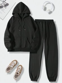 SHEIN EZwear 插肩袖抽繩保暖襯裡連帽衫和運動褲 - 黑色 - 查看 1