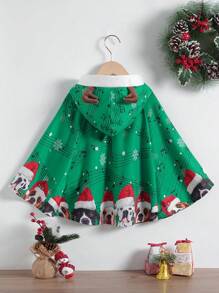 SHEIN Young Girl Christmas Print 3D Antlers Design Hooded Cape Coat