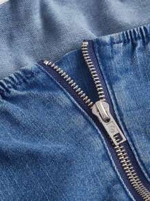 SHEIN MOD Plus One Shoulder Ruffle Trim Denim Top - Light Wash - View 3