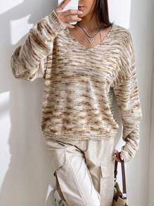 SHEIN EZwear Space Dye Drop Shoulder Sweater - Brown - View 1