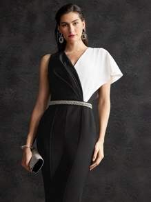 MOTF PREMIUM BELTED ASYMMETRIC TWO-TONE JUMPSUIT - Black and White - View 6