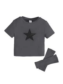 SHEIN Tween Girl Star Print Rib-knit Tee - Grey - View 1