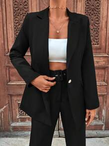 EURMUSE Bộ vest thanh lịch cho nữ, áo blazer tay dài cổ ve màu trơn và quần dài - màu đen - Xem 4