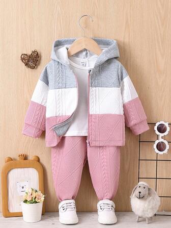 Baby Girl Colorblock Zip Up Hooded Jacket & Sweatpants Without Tee