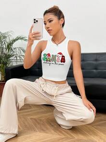 SHEIN EZwear In Giáng sinh Crop Tank Top - trắng - Xem 8