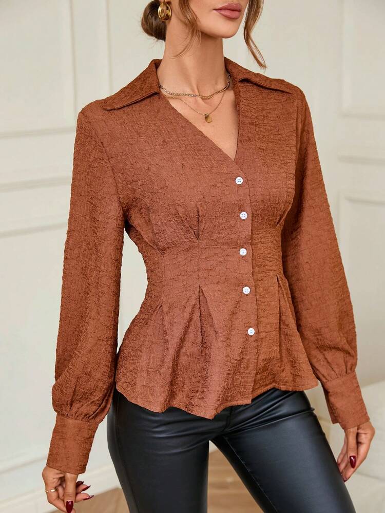 Solid Button Front Shirt Fall Cloth For Women