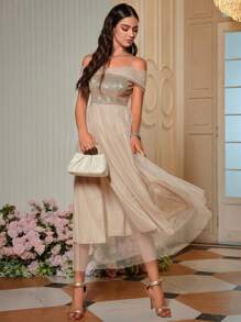 SHEIN Belle Off Shoulder Contrast Sequin Mesh Bridesmaid Dress, Semi Formal Dress