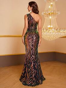 YISIKADO 不对称领口亮片装饰及地长礼服黑色优雅舞会晚宴婚礼宾客礼服，适合毕业典礼、晚宴派对礼服 - 黑色 - 查看 3