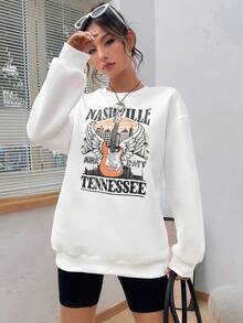 SHEIN Unity 吉他與字母圖案落肩套頭衫 - 白色 - 查看 5