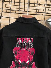 男小童標語和小熊印花牛仔夾克 - 黑色 - 查看 4