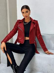 Aveloria Modichic Women's Solid Color PU Leather Zip Front Long Sleeve Casual Motorcycle Jacket - Red - View 1