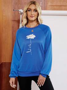 SHEIN Unity Floral & Slogan Graphic Raglan Sleeve Sweatshirt - Navy Blue - View 5