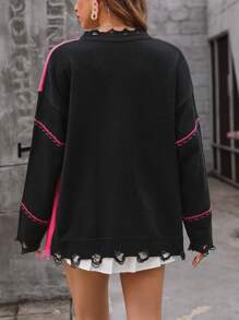 SHEIN Qutie Heart & Bear Pattern Drop Shoulder Distressed Trim Cardigan - Multicolor - View 3