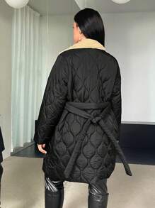 SHEIN Essnce Plus Lapel Neck Slant Pocket Teddy Lined Quilted Coat - Black - View 2