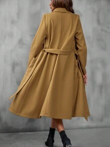 SHEIN LUNE Lapel Neck Pocket Patched Belted Overcoat - Khaki - View 2