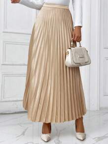 SHEIN Privé Solid Pleated Skirt - Khaki - View 5