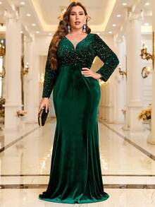 Plus Contrast Sequin Mermaid Hem Velvet Dress - Green - View 3