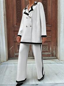 EURMUSE Contrast Trim Double Breasted Cardigan & Knit Pants - Black and White - View 4
