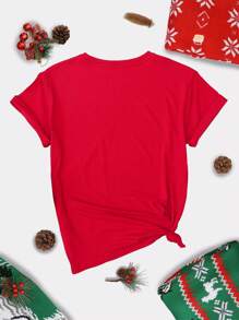 SHEIN LUNE Christmas Print Tee - Red - View 2