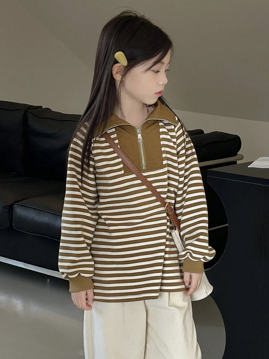 Girls Striped Drop Shoulder Zip Up Sweatshirt - Coffee Brown - View 1