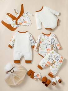 SHEIN 男婴 16 件卡通图案撞色连体衣 & 连衣裤 & 围兜 & 帽子 & 手套 & 袜子礼品套装 - 彩色 - 查看 2