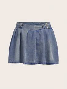 SHEIN ICON Plus Buckle Detail Pleated Denim Skirt - Medium Wash - View 1