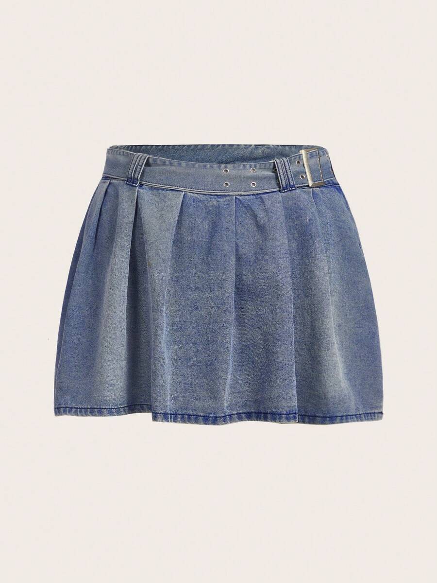 SHEIN ICON Plus Buckle Detail Pleated Denim Skirt - Medium Wash - View 1