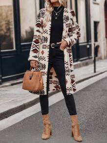 EMERY ROSE 幾何印花落肩露肩大衣 - 駝色 - 查看 6