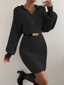 SHEIN Essnce Solid Batwing Sleeve Sweater Dress Without Belt - Black - View 5